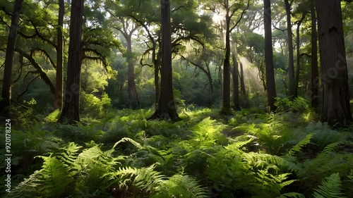 A serene forest clearing with towering oak trees, vibrant green ferns, and scattered wildflowers under a soft, dappled sunlight filtering through the canopy