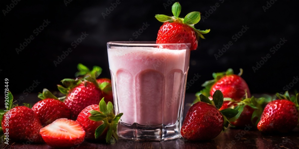 glass strawberry milk with strawberries on table glass strawberry milk with strawberries on table