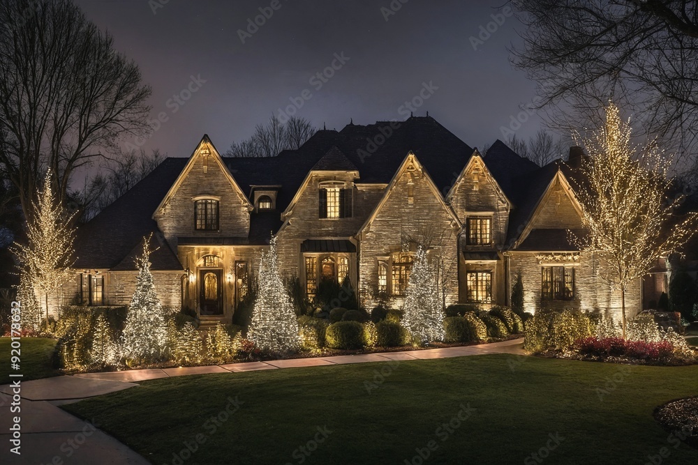 Christmas Lights on a Mansion at Night Christmas Lights on a Mansion at Night