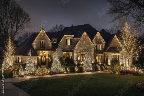 Christmas Lights on a Mansion at Night