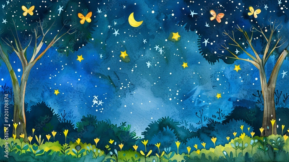 Nighttime scene with fireflies and stars,Clipart, watercolor illustration, Perfect for nursery art The style is hand drawn, white background Nighttime scene with fireflies and stars,Clipart, watercolor illustration, Perfect for nursery art The style is hand drawn, white background