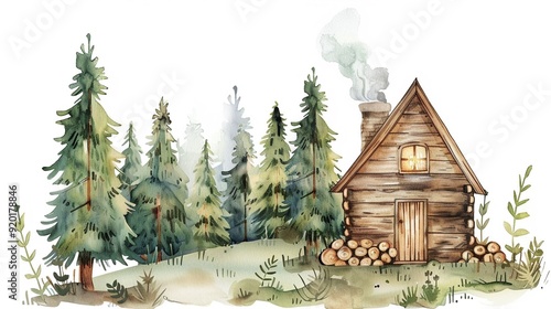 Forest cabin with smoke rising from the chimney,Clipart, watercolor illustration, Perfect for nursery art The style is hand  drawn, white background photo