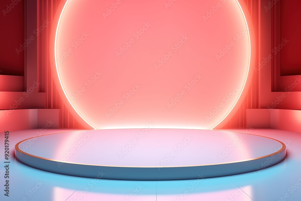 Circular pedestal with pink and blue lighting. Circular pedestal with pink and blue lighting.