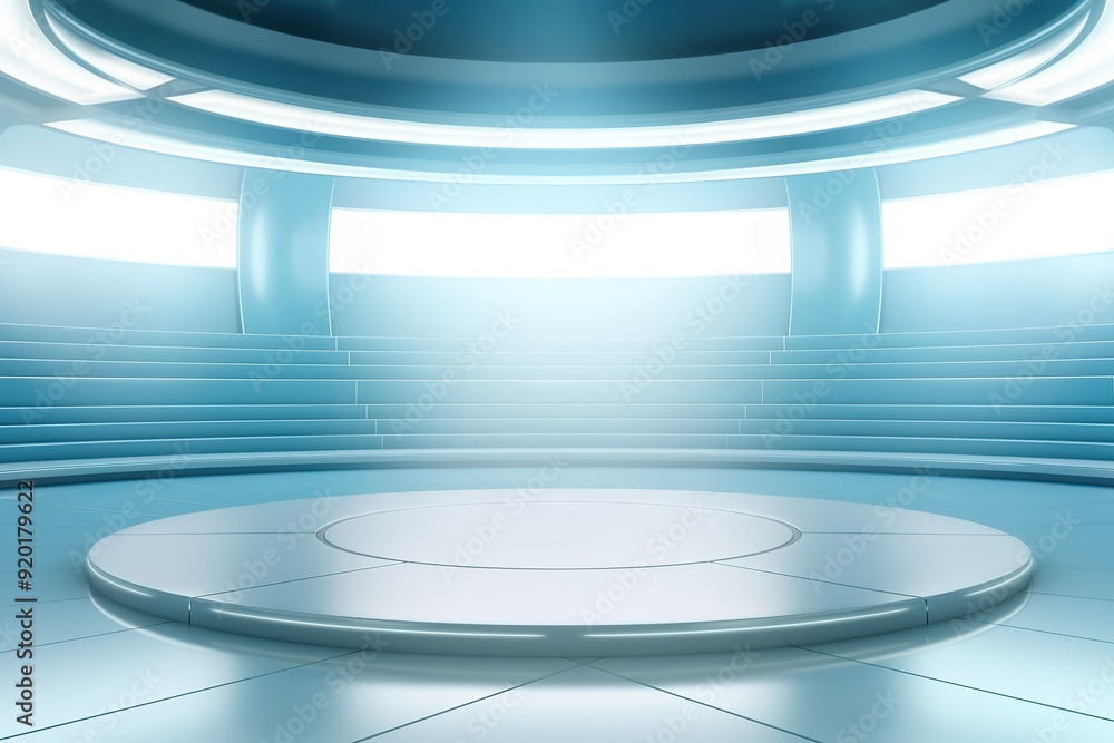 Obraz premium Futuristic blue room with a circular platform.