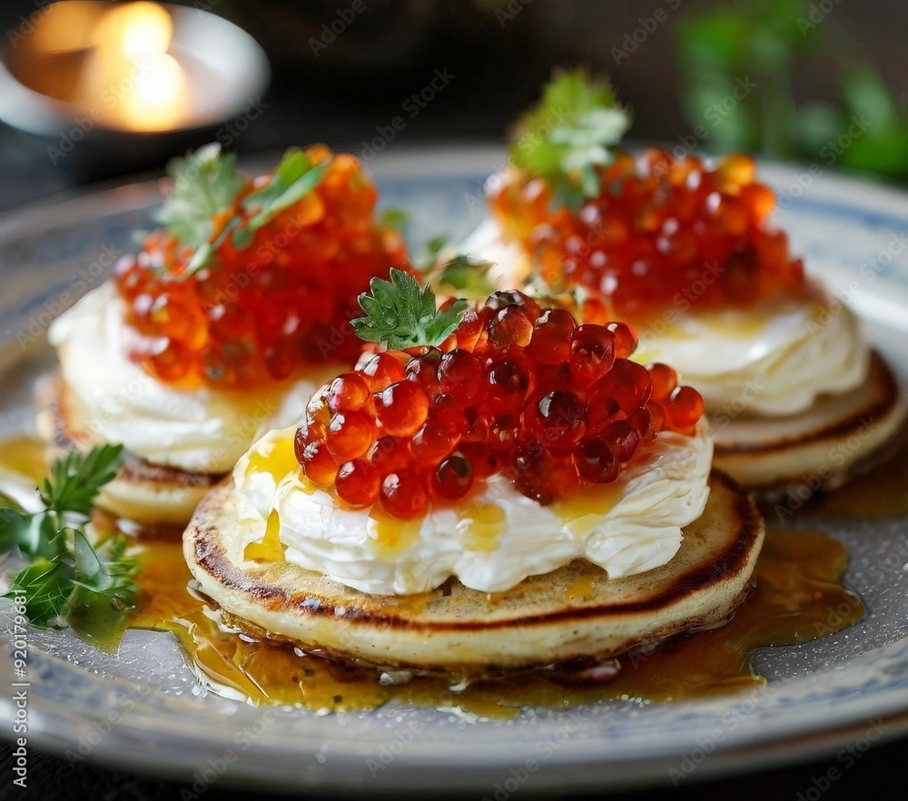 plate with three pancakes topped with jam and candle in the background plate with three pancakes topped with jam and candle in the background