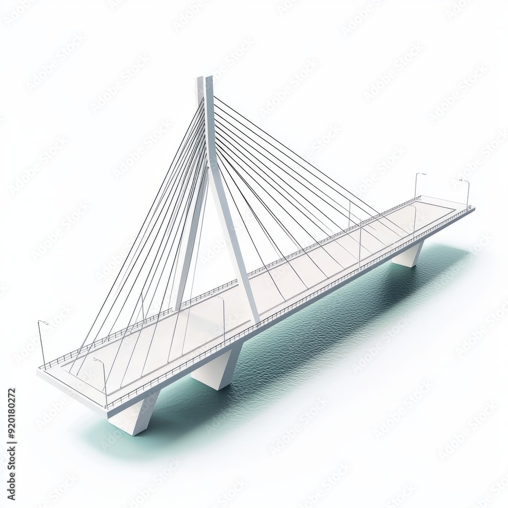 Fototapeta premium 3D Render of a cable-stayed bridge with a modern design, spanning over a wide harbor. Miniature, on isolated white background