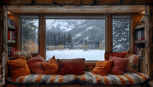 A cozy window seat offering a picturesque view of a majestic snowy mountain landscape..