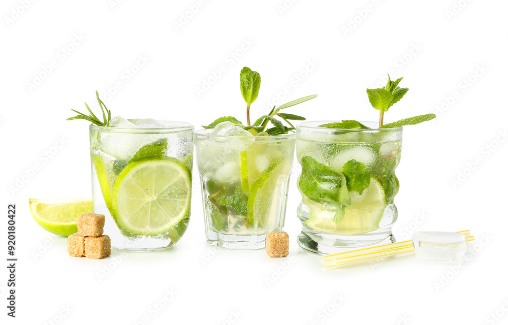 Fototapeta premium Glasses of tasty mojito isolated on white background