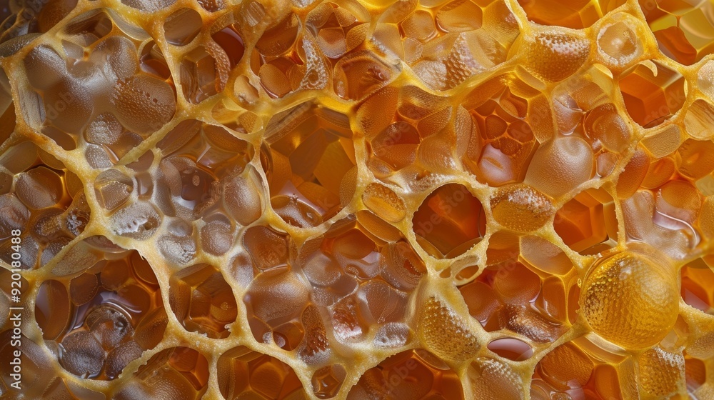 A macro view of a honeycomb showcasing the subtle variations in color and texture from cell to cell. A macro view of a honeycomb showcasing the subtle variations in color and texture from cell to cell.