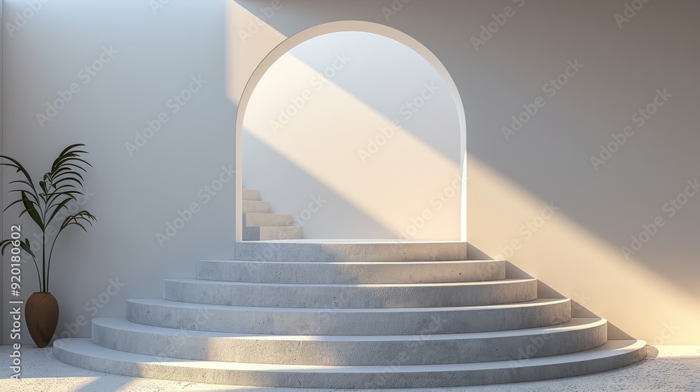 Elegant staircase with archway and soft light, perfect for interior design projects and modern architecture imagery. Elegant staircase with archway and soft light, perfect for interior design projects and modern architecture imagery.