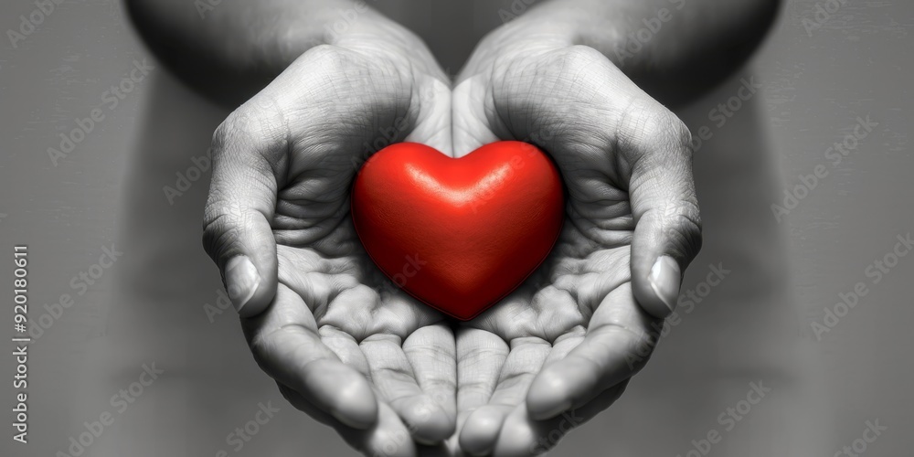 Fototapeta premium A striking and captivating image of multiple hands gently cradling a vibrant red heart against a monochrome background