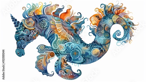 Sea horse with intricate patterns,Clipart, watercolor illustration, Perfect for nursery art The style is hand drawn, white background