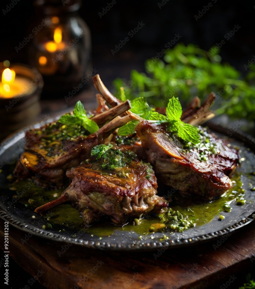 plate meat with herbs on it plate meat with herbs on it