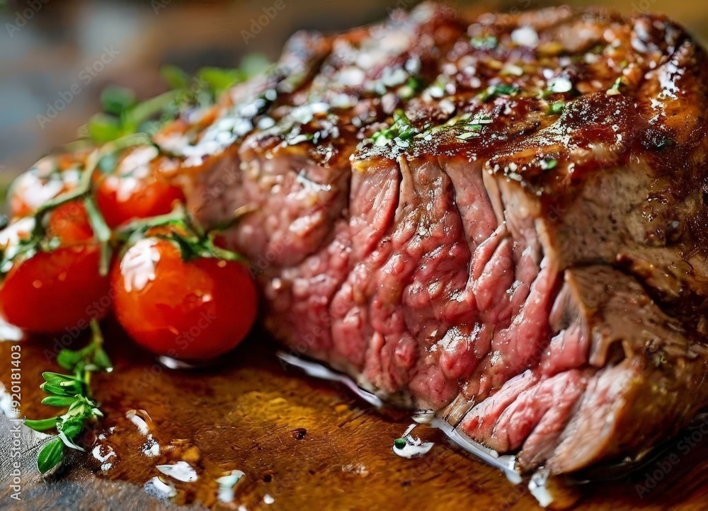 steak steak with tomatoes and herbs on wooden cutting board steak steak with tomatoes and herbs on wooden cutting board