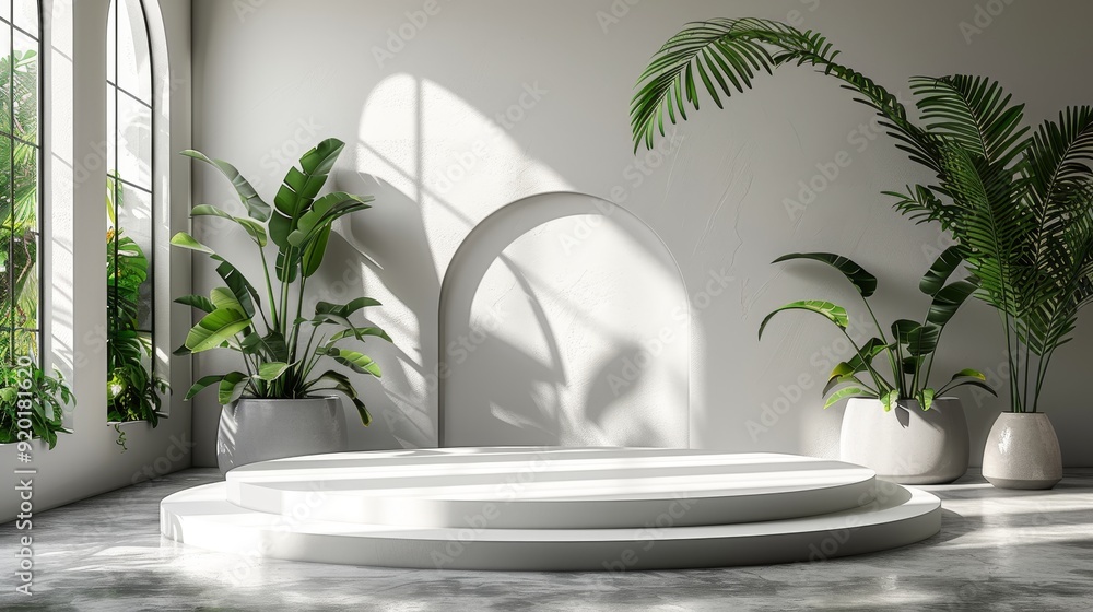 Modern interior with a circular platform, vibrant plants, and natural light, creating a serene and stylish atmosphere. Modern interior with a circular platform, vibrant plants, and natural light, creating a serene and stylish atmosphere.