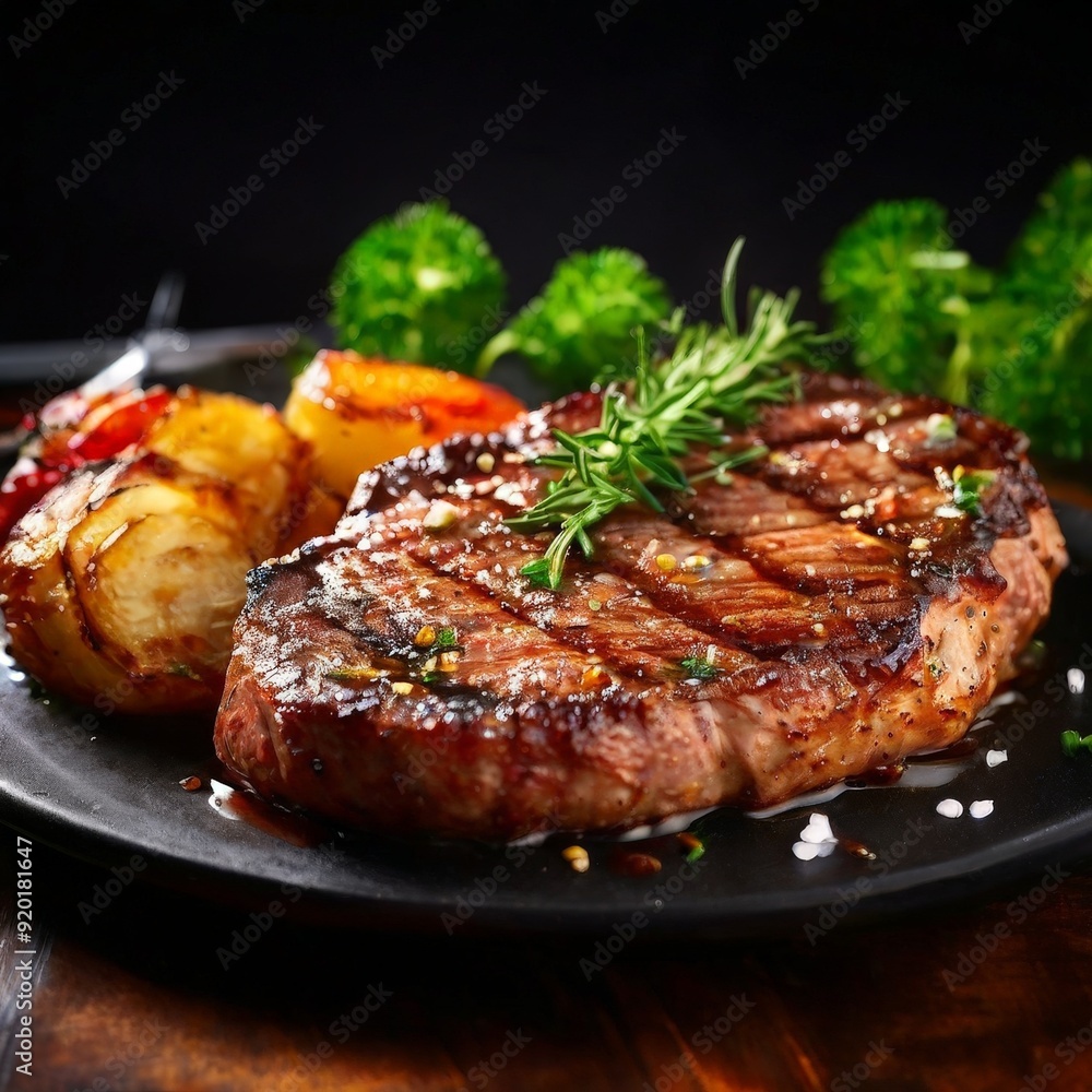 steak steak with potatoes and herbs on black plate steak steak with potatoes and herbs on black plate