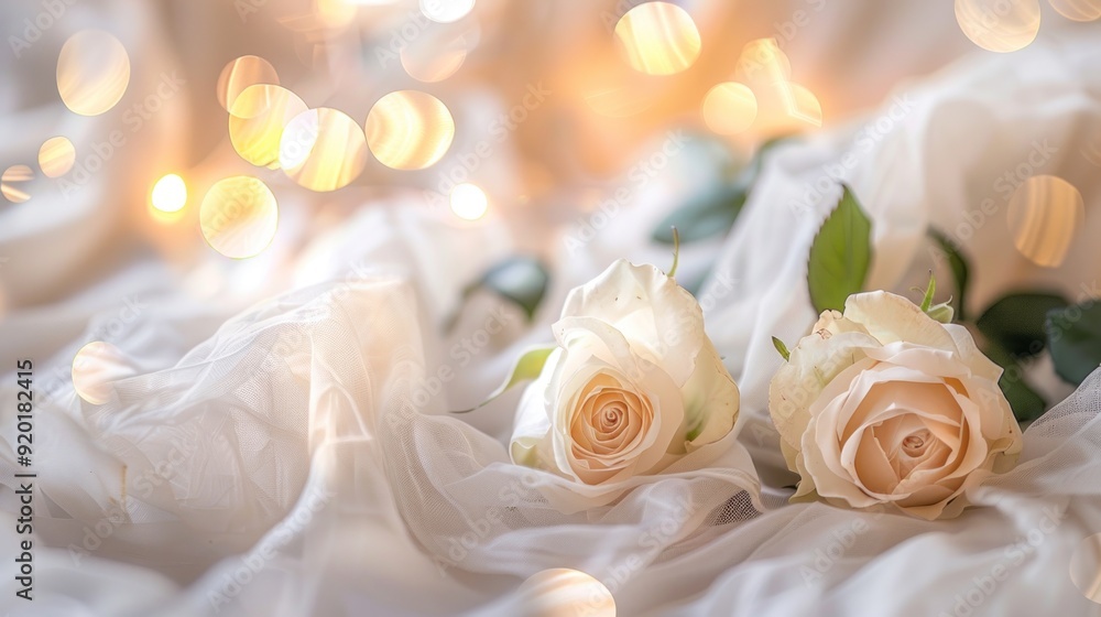 Two White Roses on a Soft White Fabric with Warm Bokeh Lights Two White Roses on a Soft White Fabric with Warm Bokeh Lights