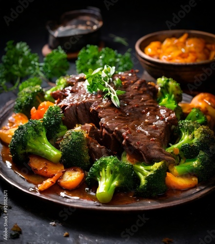 plate food with meat and brocco photo