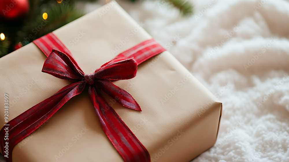 Close-up of a Christmas gift wrapped in brown paper with a red ribbon, placed on a snowy white background, evoking holiday warmth. Close-up of a Christmas gift wrapped in brown paper with a red ribbon, placed on a snowy white background, evoking holiday warmth.
