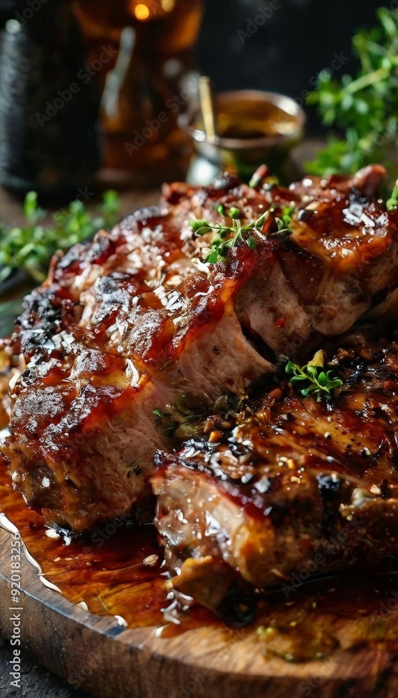 wooden cutting board topped with pork chops and glass beer wooden cutting board topped with pork chops and glass beer