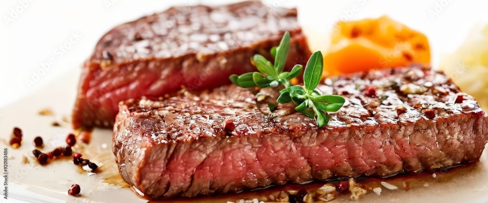 white plate with piece steak on it white plate with piece steak on it
