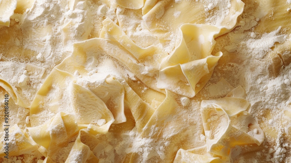 A topdown view of handrolled pasta dough floured and ready to be into various shapes and sizes. A topdown view of handrolled pasta dough floured and ready to be into various shapes and sizes.