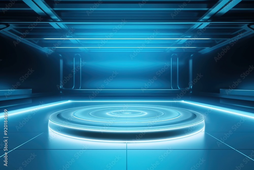 Obraz premium Futuristic blue platform with glowing neon lights.