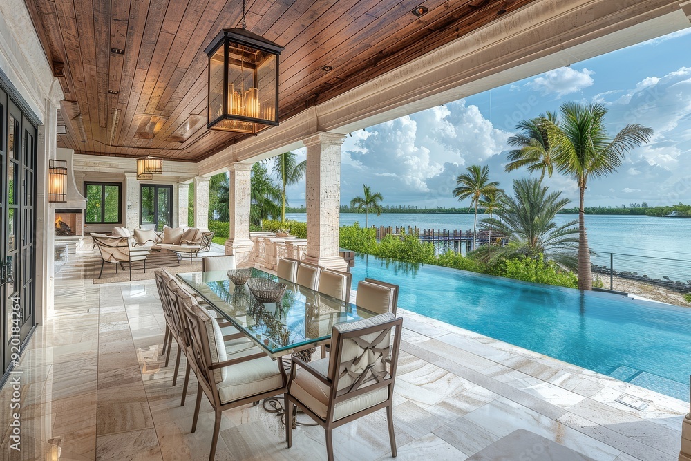 Elegant dining area on covered porch with glass table and beige cushioned chairs, white walls, wooden ceiling, large windows with water view, palm trees, cloudy sky, pool with clear blue waters Elegant dining area on covered porch with glass table and beige cushioned chairs, white walls, wooden ceiling, large windows with water view, palm trees, cloudy sky, pool with clear blue waters