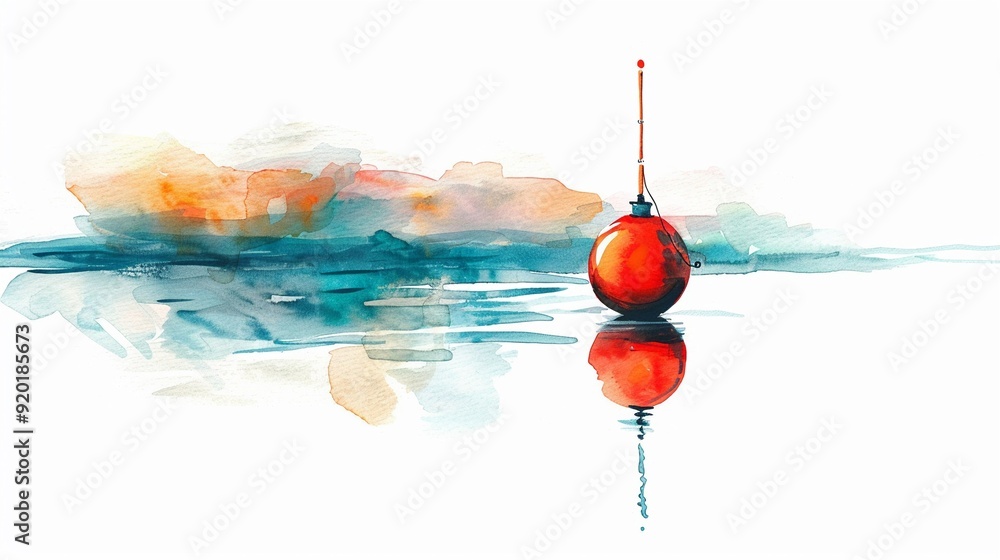 Fishing bobber floating on the water,Clipart, watercolor illustration, Perfect for nursery art The style is hand drawn, white background Fishing bobber floating on the water,Clipart, watercolor illustration, Perfect for nursery art The style is hand drawn, white background
