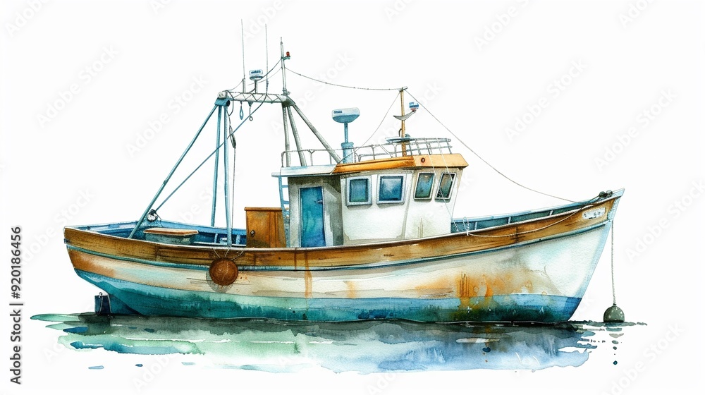 Fishing boat with a fish finder display,Clipart, watercolor illustration, Perfect for nursery art The style is hand drawn, white background Fishing boat with a fish finder display,Clipart, watercolor illustration, Perfect for nursery art The style is hand drawn, white background