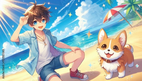 guy with a corgi at the beach , anime style