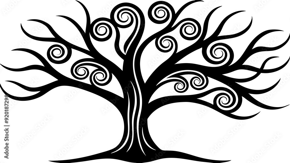 Obraz premium A whimsical tree with exaggerated, leaves silhouette art illustration