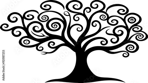 A whimsical tree with exaggerated, leaves silhouette art illustration