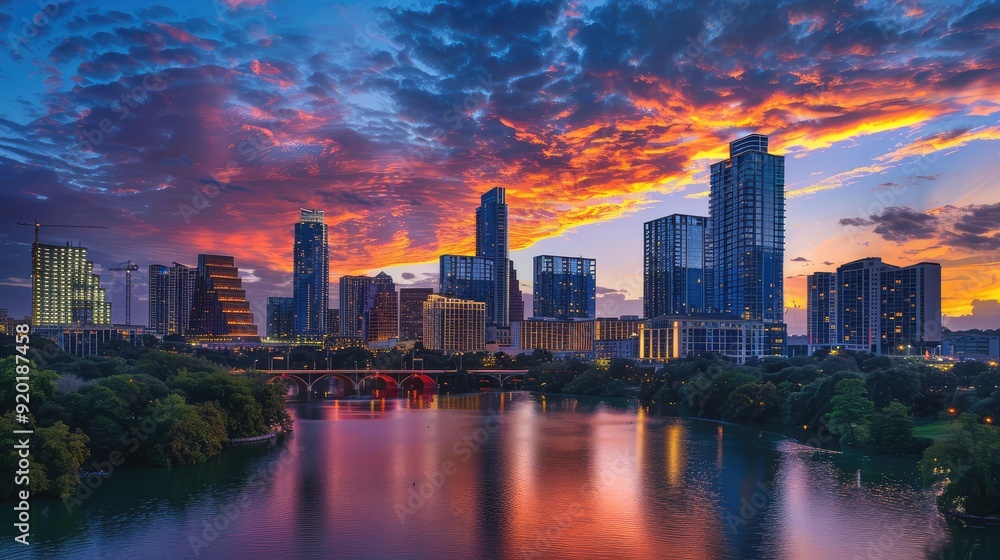 A city skyline transitioning from day to night with a beautiful sunset. A city skyline transitioning from day to night with a beautiful sunset.