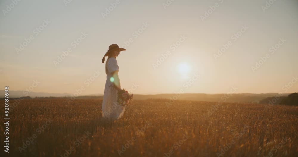 Happy Woman Walking Against Setting Sun Background Happy Woman Walking Against Setting Sun Background