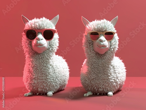 Stylish Fluffy Alpacas in 3D Art, Wearing Cool Sunglasses, Exuding Playful Charm and Summer Vibes. Unique Animal Fashion Concepts.