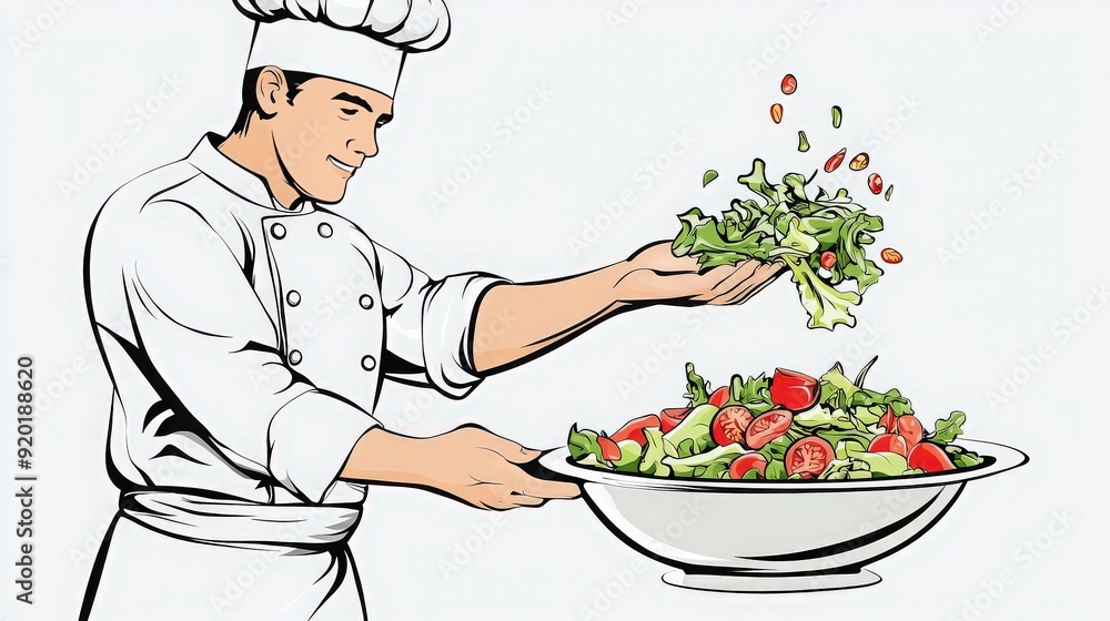 A professional chef tossing a fresh salad, showcasing culinary skills with vibrant ingredients and lively presentation. A professional chef tossing a fresh salad, showcasing culinary skills with vibrant ingredients and lively presentation.