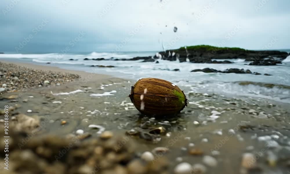 Coconut on the Shore: A lone coconut rests on a sandy beach, partially submerged in the receding tide, with a rocky shoreline in the background and raindrops falling from the cloudy sky. The image evo