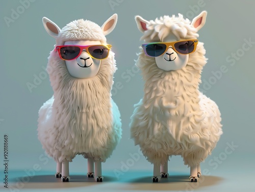 Stylish Fluffy Alpacas in 3D Art, Wearing Cool Sunglasses, Exuding Playful Charm and Summer Vibes. Unique Animal Fashion Concepts. photo