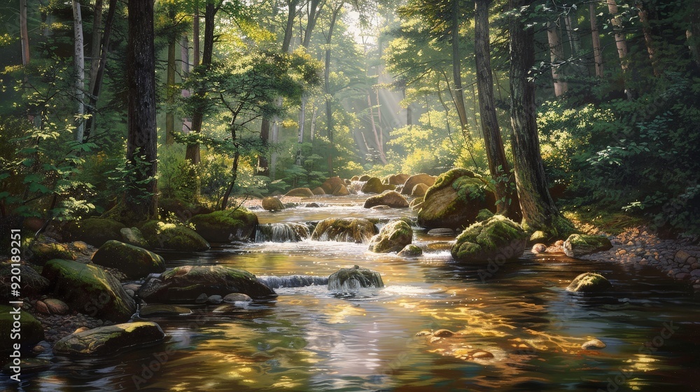 Enjoy the tranquil beauty of a woodland stream, where the clear water flows over smooth stones and the surrounding trees provide a shady canopy Enjoy the tranquil beauty of a woodland stream, where the clear water flows over smooth stones and the surrounding trees provide a shady canopy