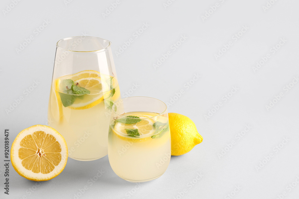 Glass and jug with fresh lemonade on grey background