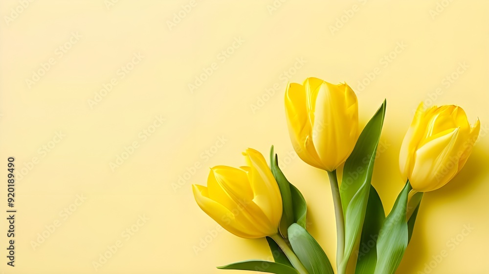 Obraz premium Minimal yellow spring background with yellow tulips 