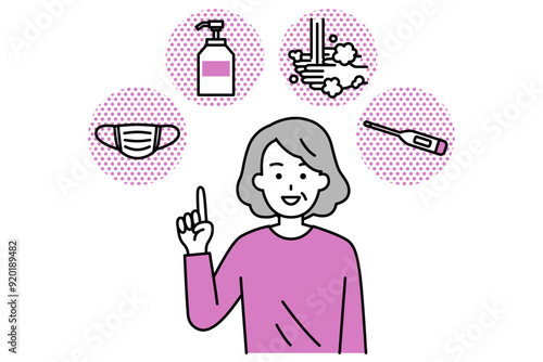 4つの感染予防対策（マスク・消毒液・手洗い・検温）を紹介する年配の女性
