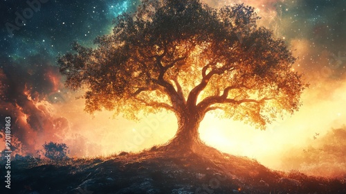 Glowing tree at sunset with nebula background.