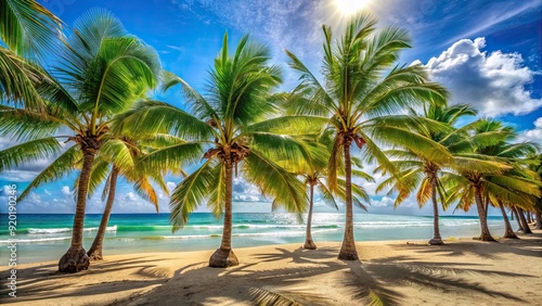 Tropical palm trees swaying in the breeze on a sunny beach , paradise, vacation, summer, exotic, palm fronds, relaxation