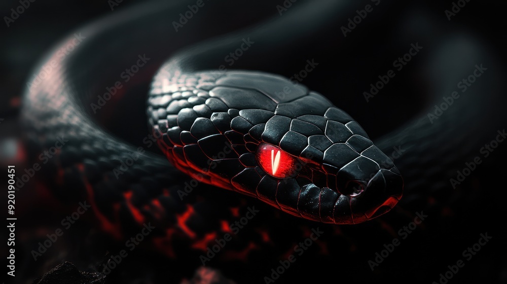 Fototapeta premium Close-up of a black snake with glowing red eyes in the dark.