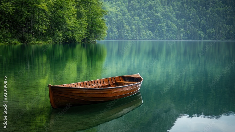 Serene wooden rowboat on calm green lake reflecting lush forest. Serene wooden rowboat on calm green lake reflecting lush forest.