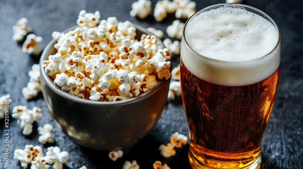 Bowl of popcorn and glass of beer on dark background. Bowl of popcorn and glass of beer on dark background.