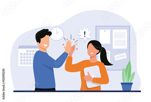 Teamwork high five concept illustration. Cheerful colleagues congratulate each other, applauding, giving high five. Vector illustration.