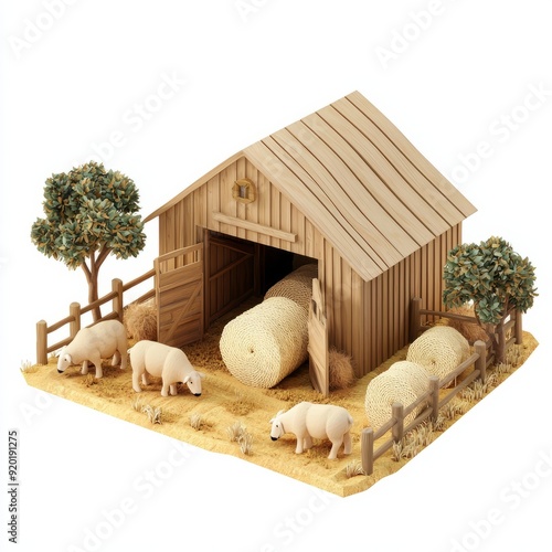 3D Render of a sheep barn with sheep grazing and a few wool bales outside. Miniature, on isolated white background